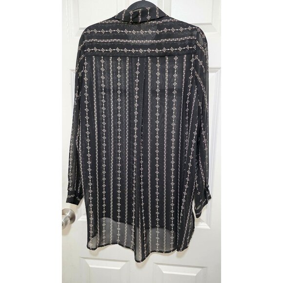 Pleione Women's Femme Black Sheer Button-Down Long Sleeve Shirt Geometric Patter - Picture 3 of 8